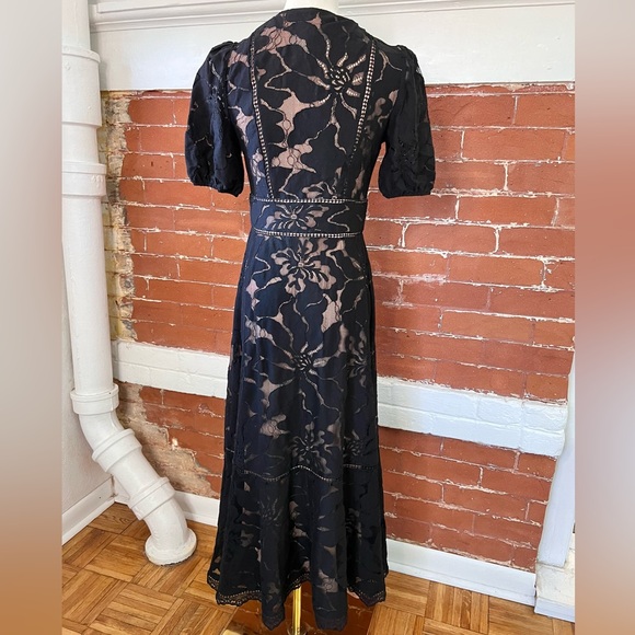 Anthropologie Ophelia Midi Dress Black Lace Puff Sleeve V Neck Button Front - Picture 7 of 16